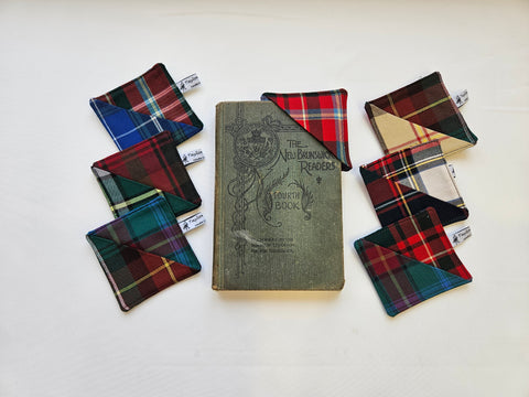 old New Brunswick reader school book with bookmarks made with upcycled tartan fabric