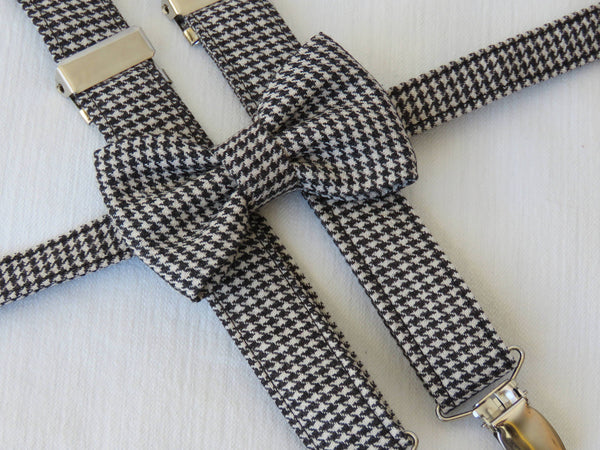 black and white herringbone bow tie and suspenders - Taylors Tartns