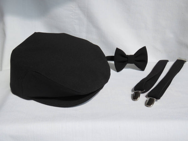 black flat cap, suspenders and bow tie - Taylors Tartans