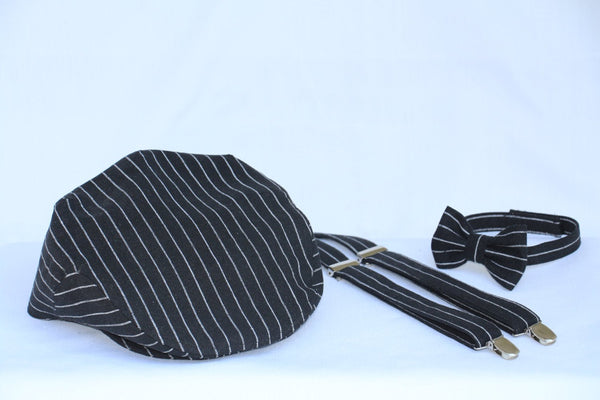 Black with White Stripe Newsboy Hat, Bow Tie Suspenders
