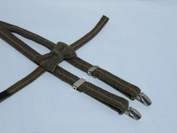 Wool Brown Herringbone Suspenders Bow Tie