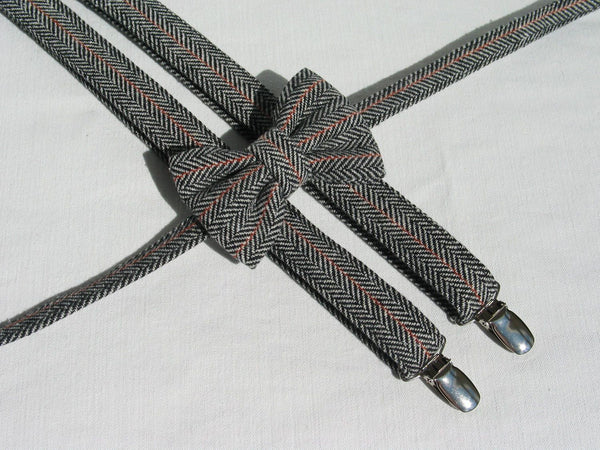 Wool Grey Herringbone Flat Cap Suspender Bow Tie
