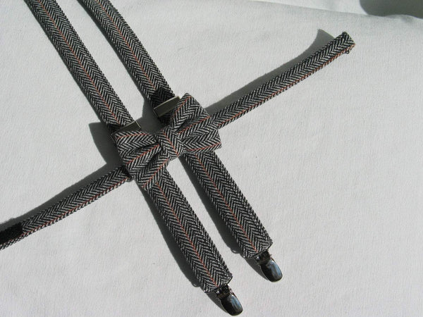 Wool Herringbone Suspenders Bow Tie