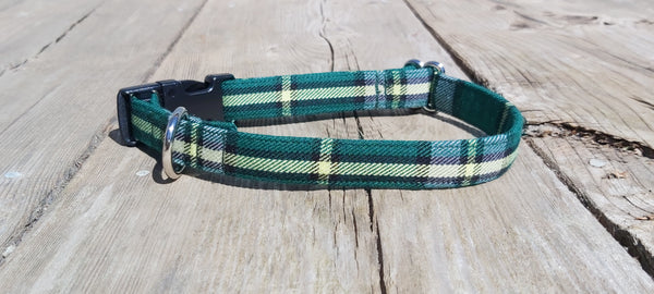 Green plaid dog collar on a wooden surface.  Cape Brton tartan by Taylors Tartans