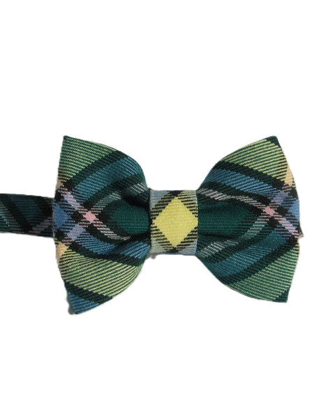 Alberta tartan Plaid bow tie with green, blue, and yellow pattern on a white background
