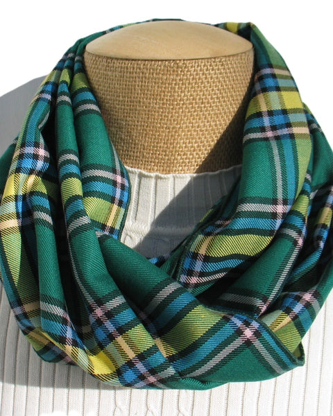 Plaid scarf in green, blue, and yellow on a mannequin.
