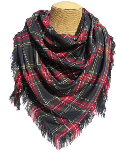Black Stewart Plaid scarf on a mannequin with a white background