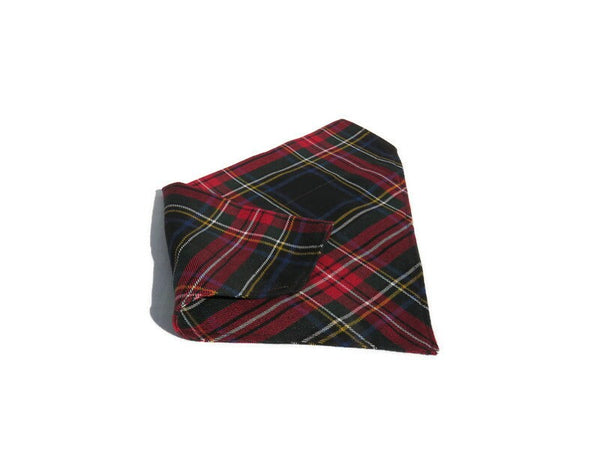 Black and red plaid pet bandana folded over to show the back is the same as the front.