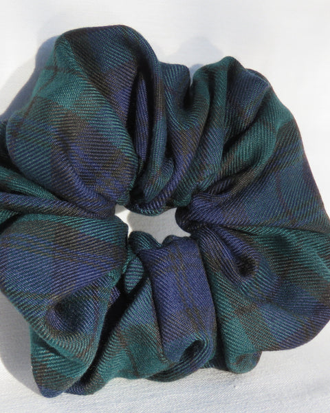 Black Watch Plaid patterned scrunchie on a white background