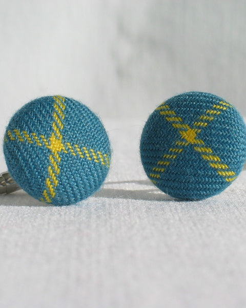 Blue with a yellow X cufflinks in British Columbia tartan by Taylors Tartans