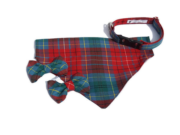 red and teal plaid pet kerchief, collar and two bows made by Taylors Tartans