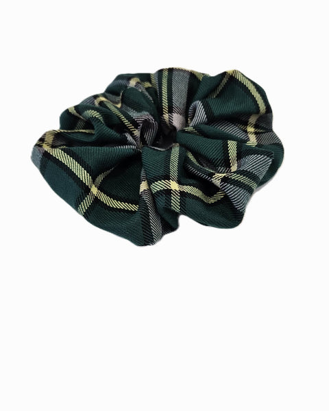 Cape Breton green gold black and gray tartan Plaid patterned scrunchie on a white background