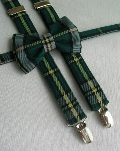 Green plaid Cape Breton tartan bow tie and suspenders on a light gray background