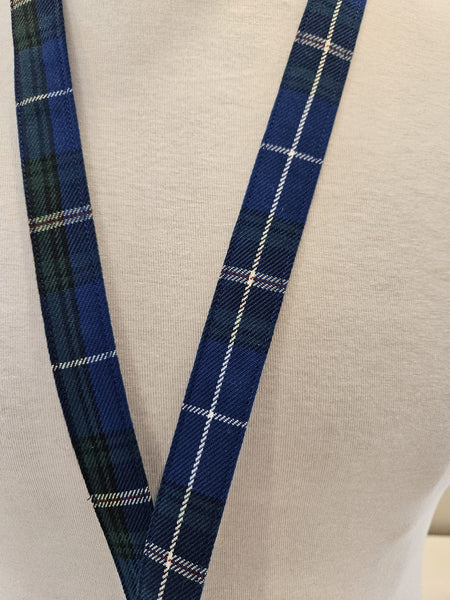 Close up of blue Nova Scotia tartan lanyard