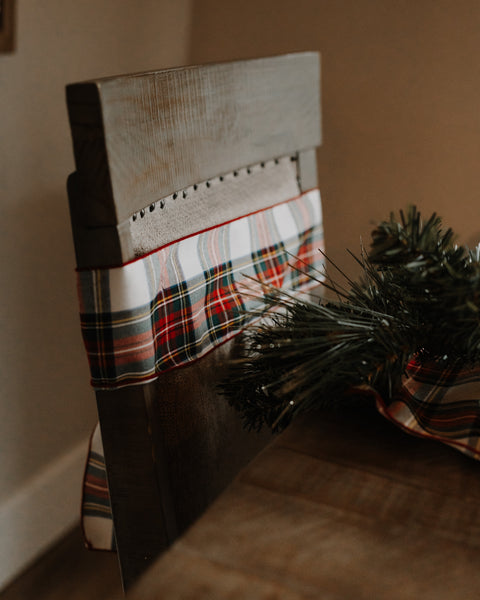 dress stewart tartan red white and green plaid chair sash on a wooden chair