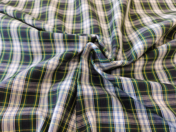Dress Gordon tartan fabric scrunched with white, navy, green and yellow plaid sold by Taylors Tartans