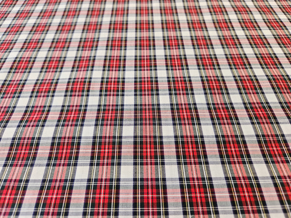 White, red and black plaid fabric in Dress Stewart tartan