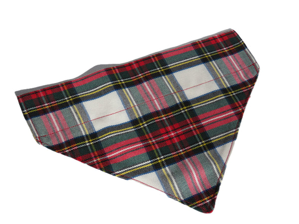 White, red, green plaid pet kerchief on white background made by Taylors Tartans