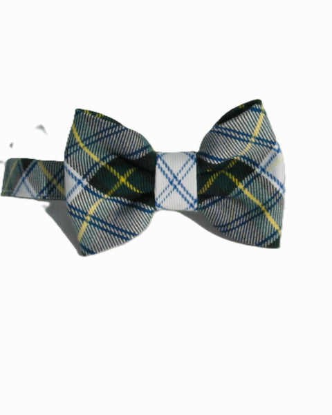 Gordon tartan Plaid bow tie with green, blue, and yellow pattern on a white background