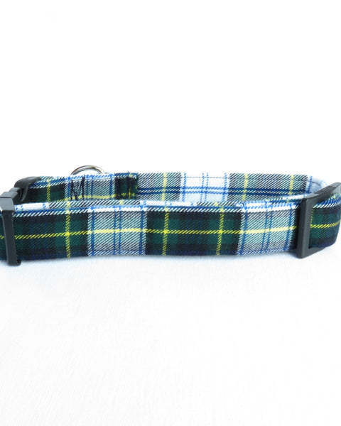 Gordon tartan dog collar with black plastic buckle on a white background