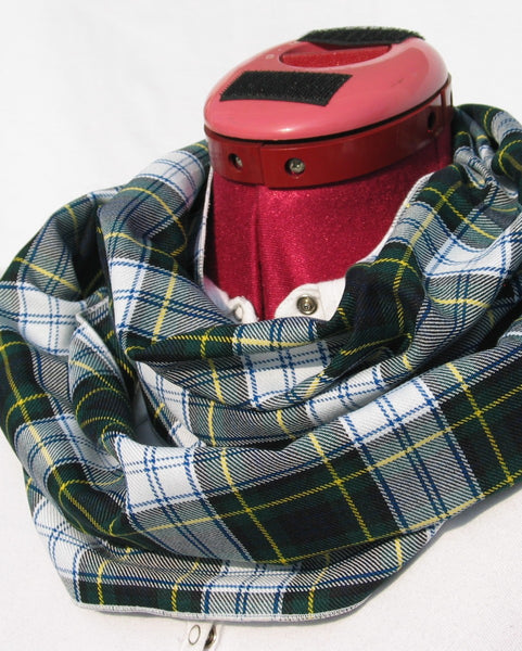 gordon tartanPlaid scarf draped over a mannequin with a red top on a white background