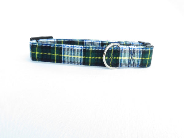 white, green and navy plaid pet collar with silver D ring