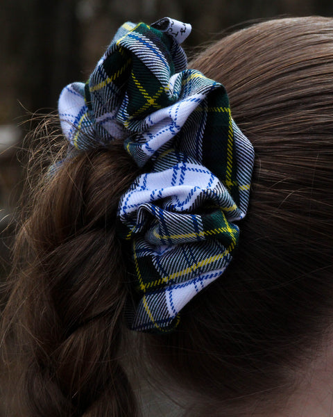 green yellow and white Gordon tartan Plaid scrunchie in a braided hair