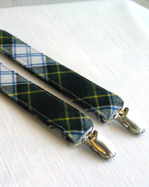 dress gordon tartan green blue white Plaid suspenders with metal clips on a white background