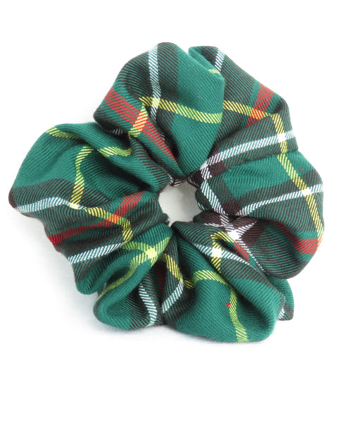 green red yellow white Plaid patterned scrunchie on a white background