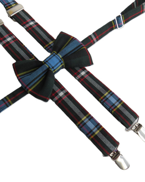 Labrador tartan Plaid suspenders with metal clips on a white background