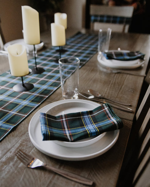 labrador tartan tablerunner on a wooden table with white plates and matching Labrador napkins