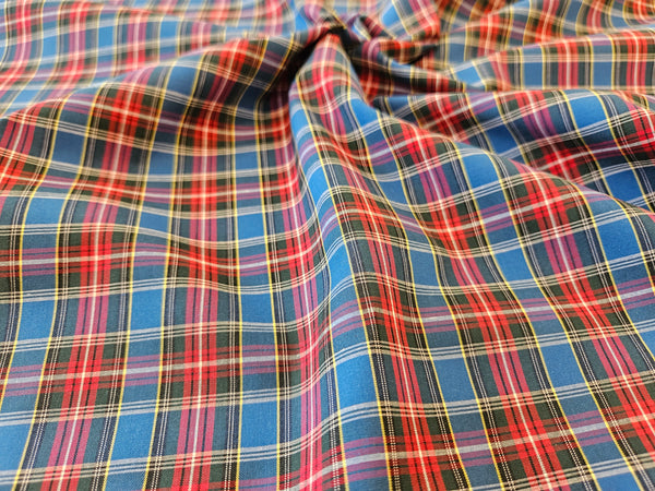 Royal blue and red plaid cotton fabric scrunched in MacBeth tartan by Taylors Tartans