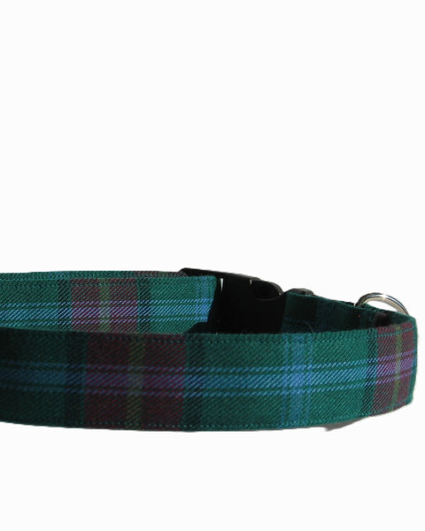 Green plaid dog collar in Manitoba tartan on a white background