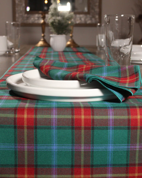 Dining table setting with a red green blue and yellow tartan plaid tablecloth, white plates, and glasses.