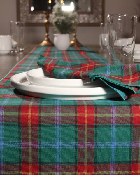Green Plaid tablecloth with white plates and glasses on a dining table.