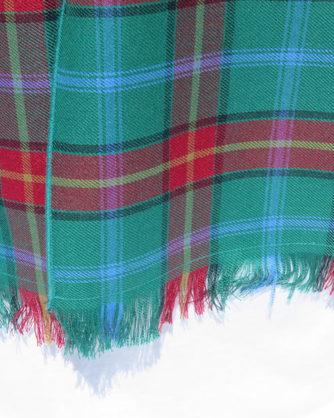 Close-up of a green plaid scarf with red and blue accents on a white background