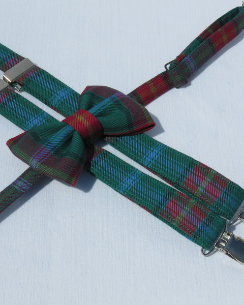 Green Plaid bow tie and suspenders on a white background