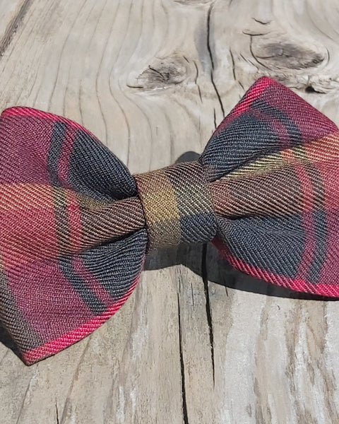 Red, brown and gold plaid dog bow tie in Maple Leaf tartan by Taylors Tartans on wood
