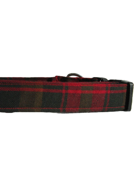 Maple Leaf plaid dog collar with red and green pattern on a white background