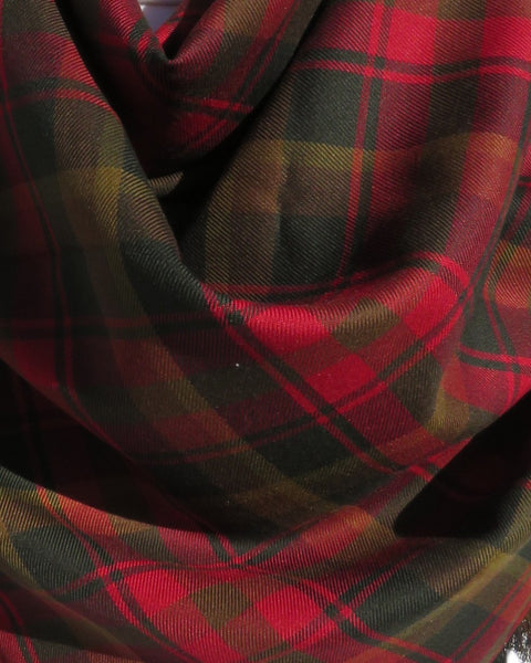 Close-up of red and brown plaid Canadian Maple Leaf tartan fabric