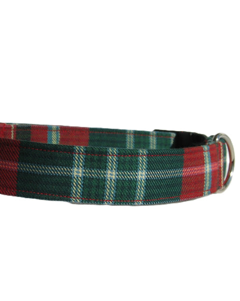 Plaid dog collar with red, green, and blue pattern in New Brunswick tartan on a white background made by Taylors Tartans
