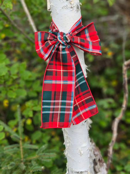 red and green plaid fabric bow on a birch tree for Christmas