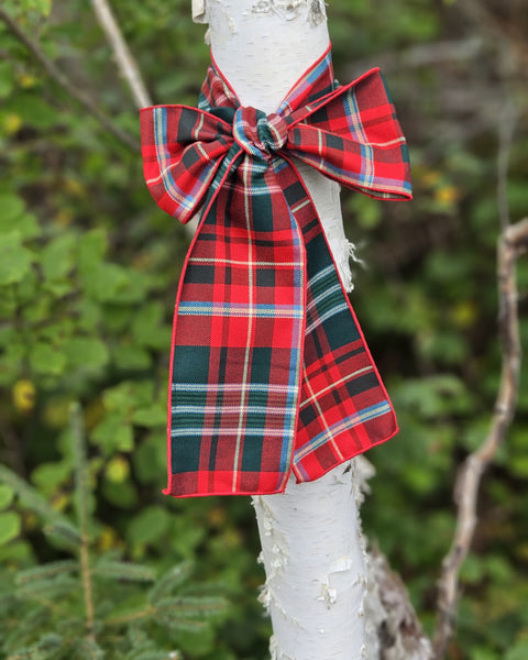 Red and green plaid bow on a white birtch tree against a blurred natural background
