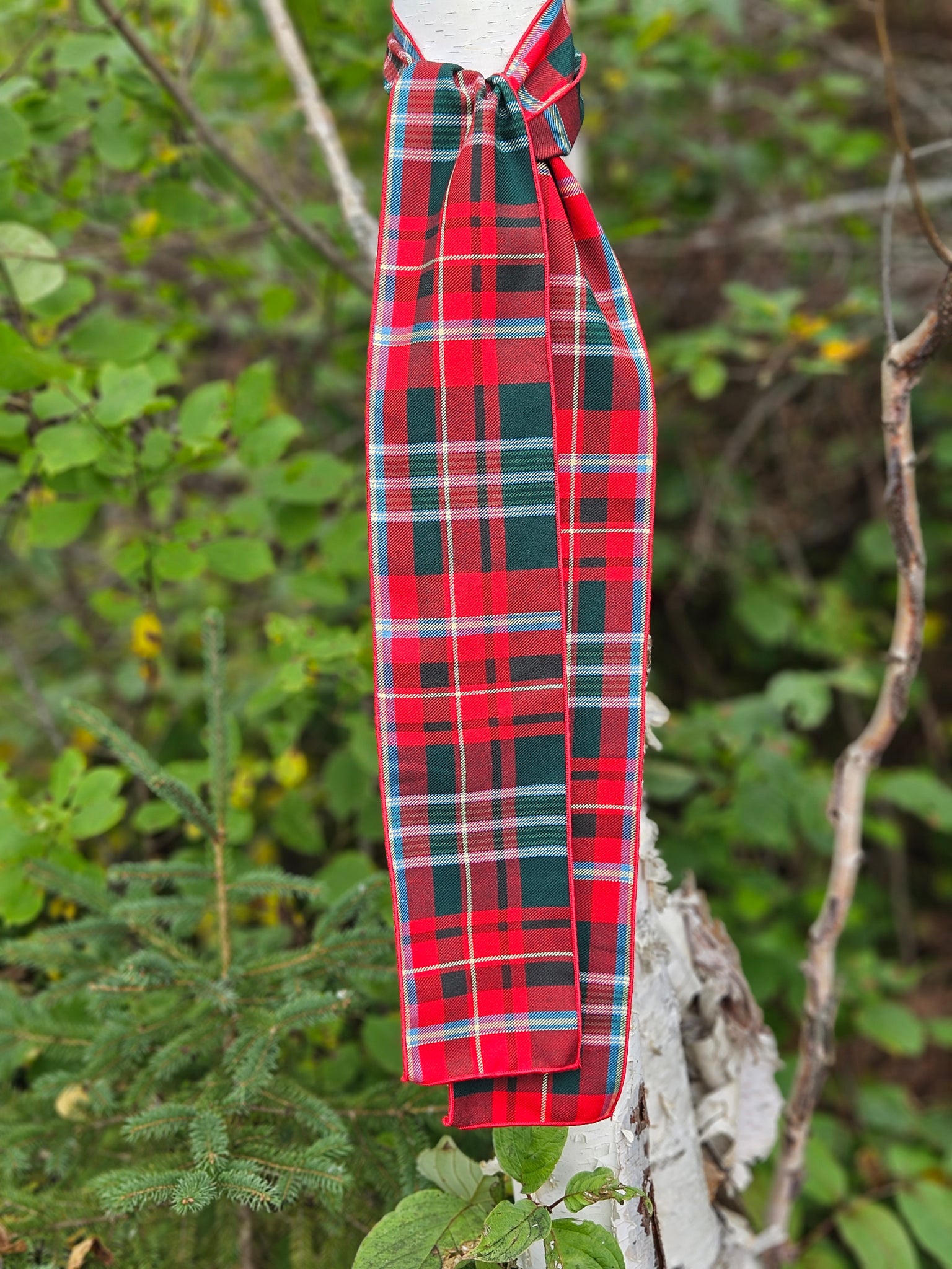 A red and green tartan patterned tree scarf tied to a branch outdoors.
