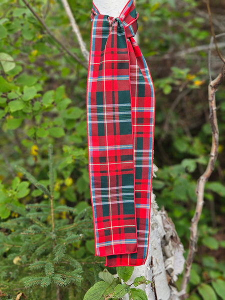 A red and green tartan patterned tree scarf tied to a branch outdoors.