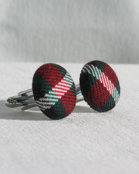 Pair of green, brown and red patterned cufflinks, with silver backs in Newfoundland tartan.