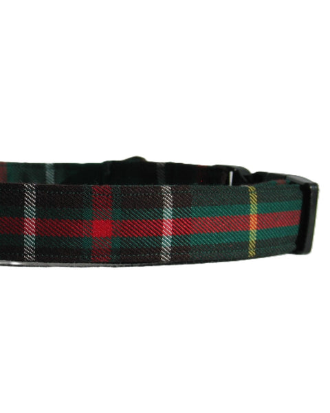 Plaid dog collar with green, red, and black pattern on a white background