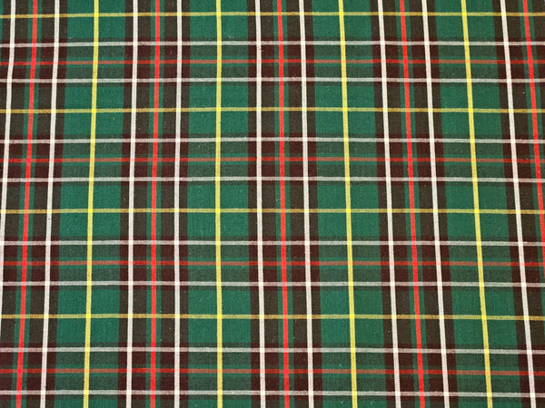 brown, green, yellow and white plaid cotton fabric