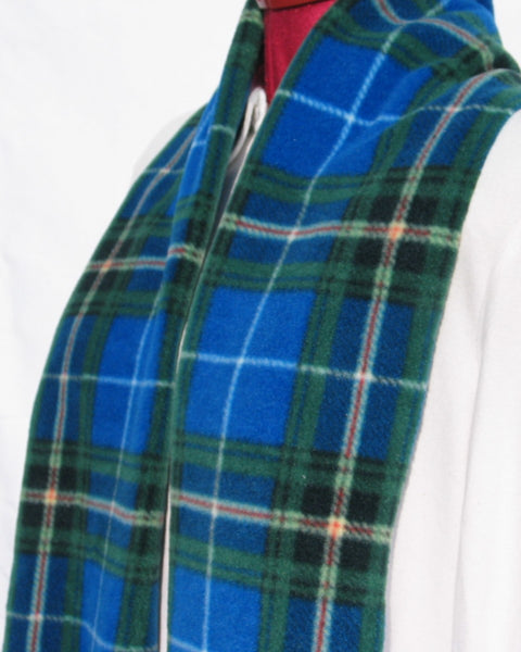 Blue and green plaid fleece scarf on a white background