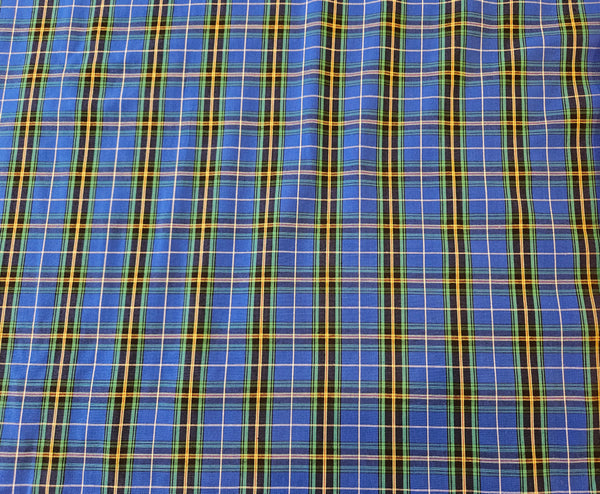 Cotton fabric in royal blue with yellow, green and white cross the Nova Scotia tartan cotton material